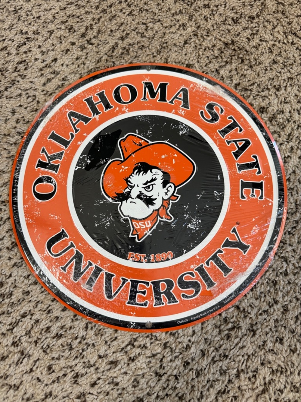 NWT Oklahoma State University Round Metal Sign Still In Protective Packaging